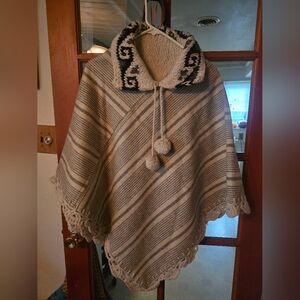 Striped Gray and Cream Handmade Vintage Poncho Sweater
